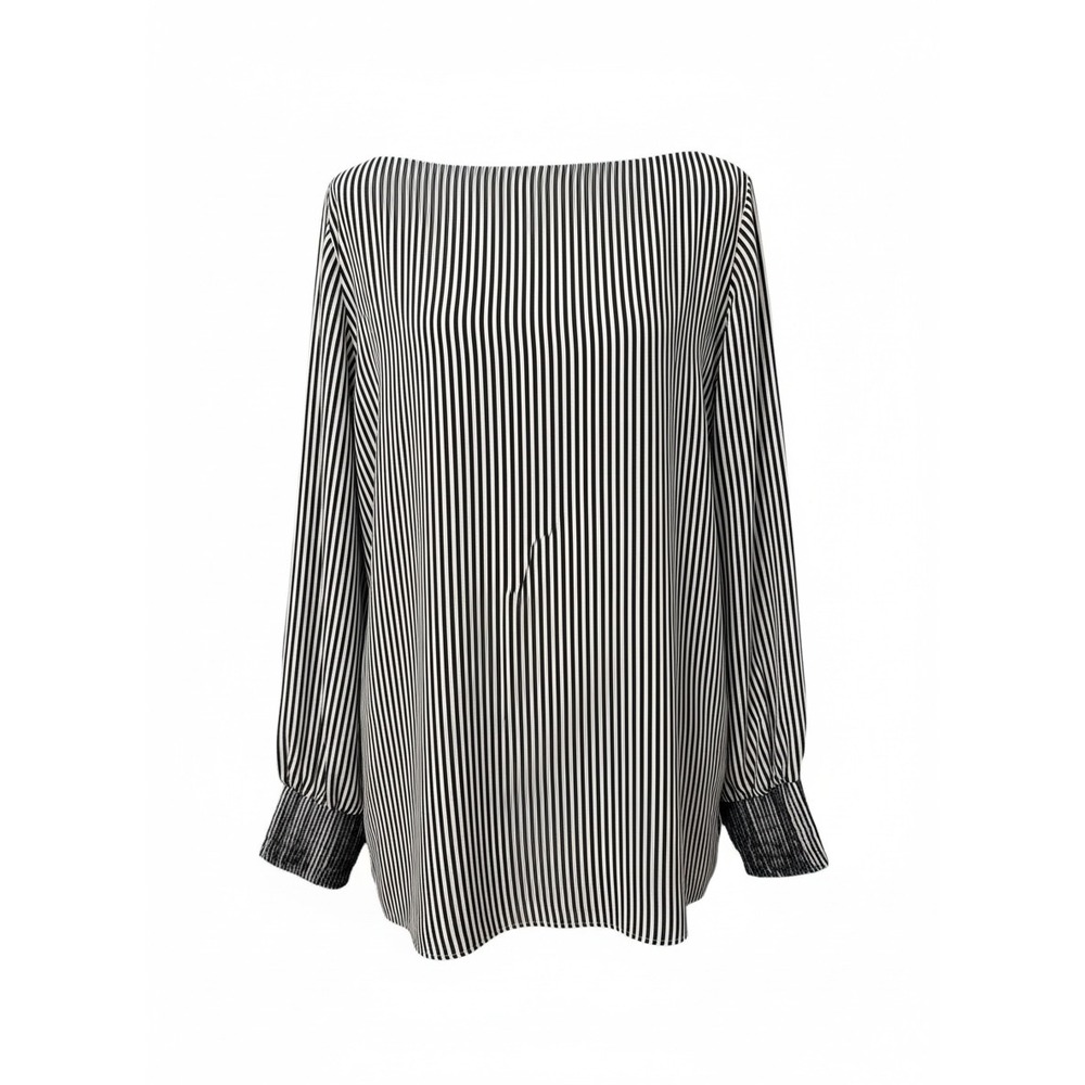 Ann Taylor Factory Black White Striped Boat Neck Blouse Smocked Cuff Large